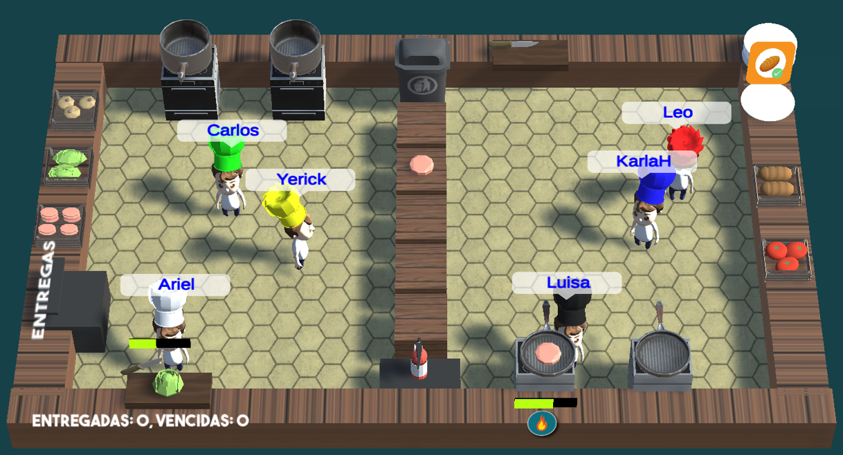 Vista de juego: cocina dividida con 6 chefs jugando en simultáneo
