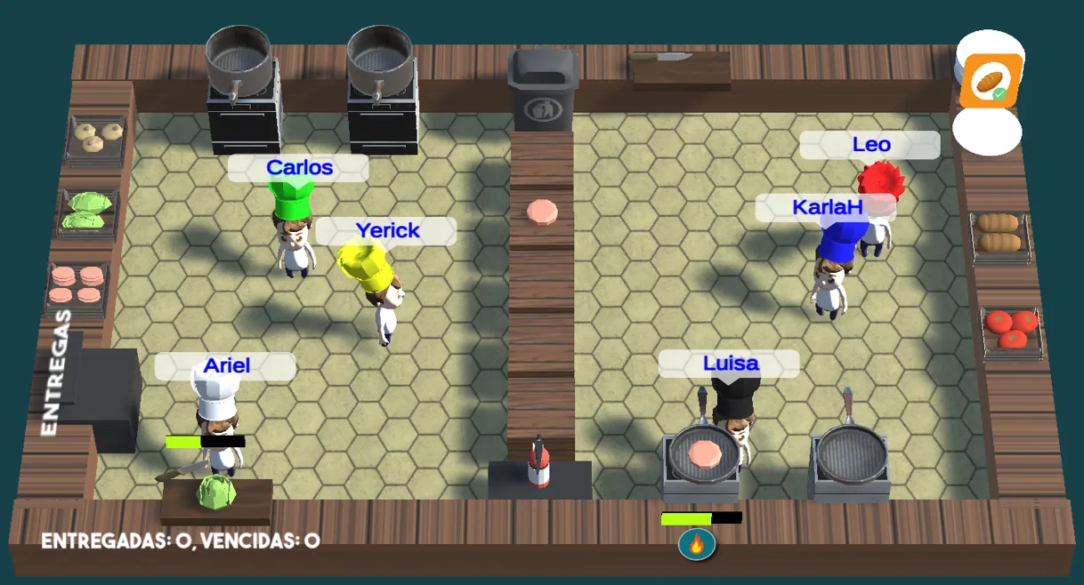 Vista de juego: cocina dividida con 6 chefs jugando en simultáneo